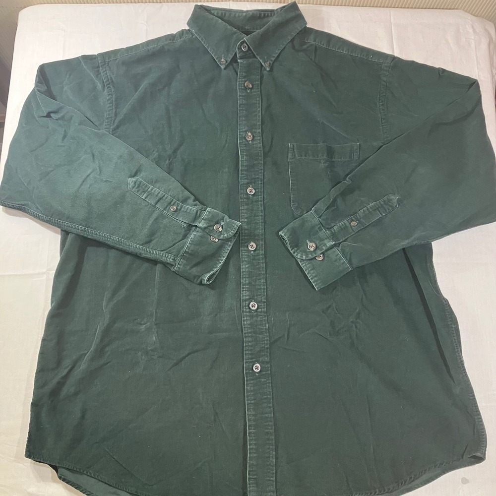 Roundtree & Yorke Mens XL Corduroy Button Down Shirt Dark Green Cotton Long Slve